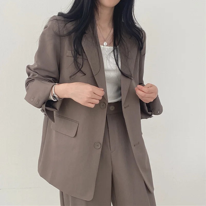 eDressU Women's Casual High-Waist Wide Leg Pant Suit - Full Length, Loose Fit, Shawl Collar, Pockets, All-Season Polyester