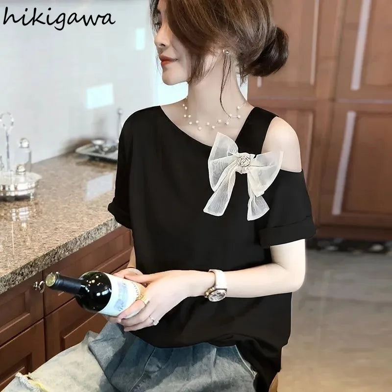 HIKIGAWA Women's Casual Summer Tee – Bow Detail, O-Neck, Short Sleeve Cotton Blend