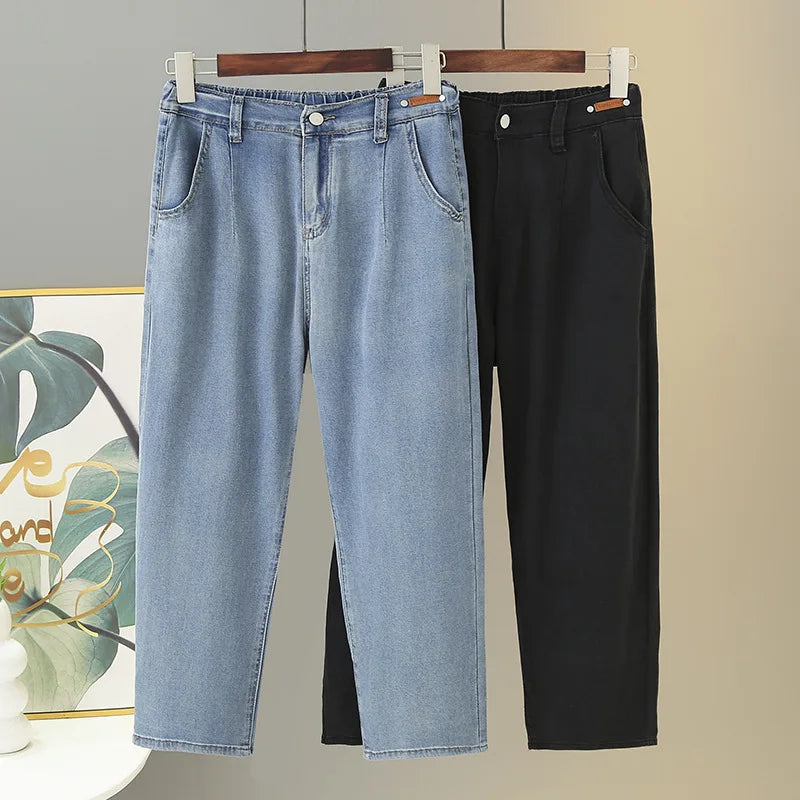 BISENMADE Women's High-Waist Slim Fit Stripe Harem Jeans with Pockets – Ankle-Length for Spring/Summer