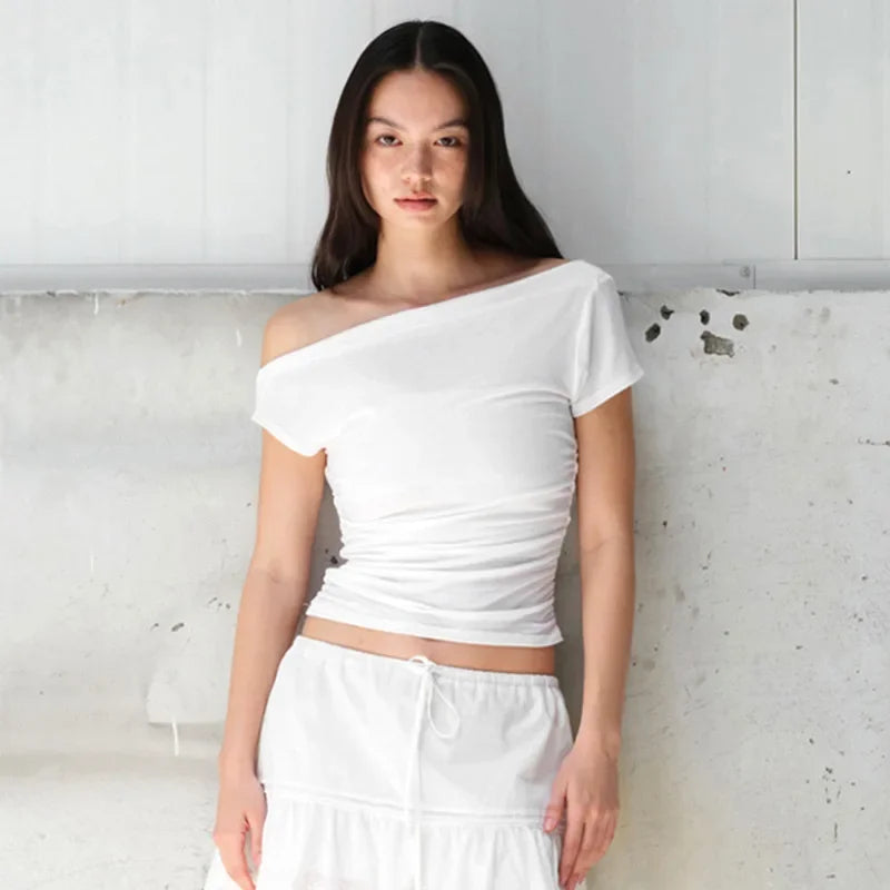 Vamos Todos Y2K Asymmetrical Skew Collar Slim Fit Tee for Women – Streetwear Summer Top