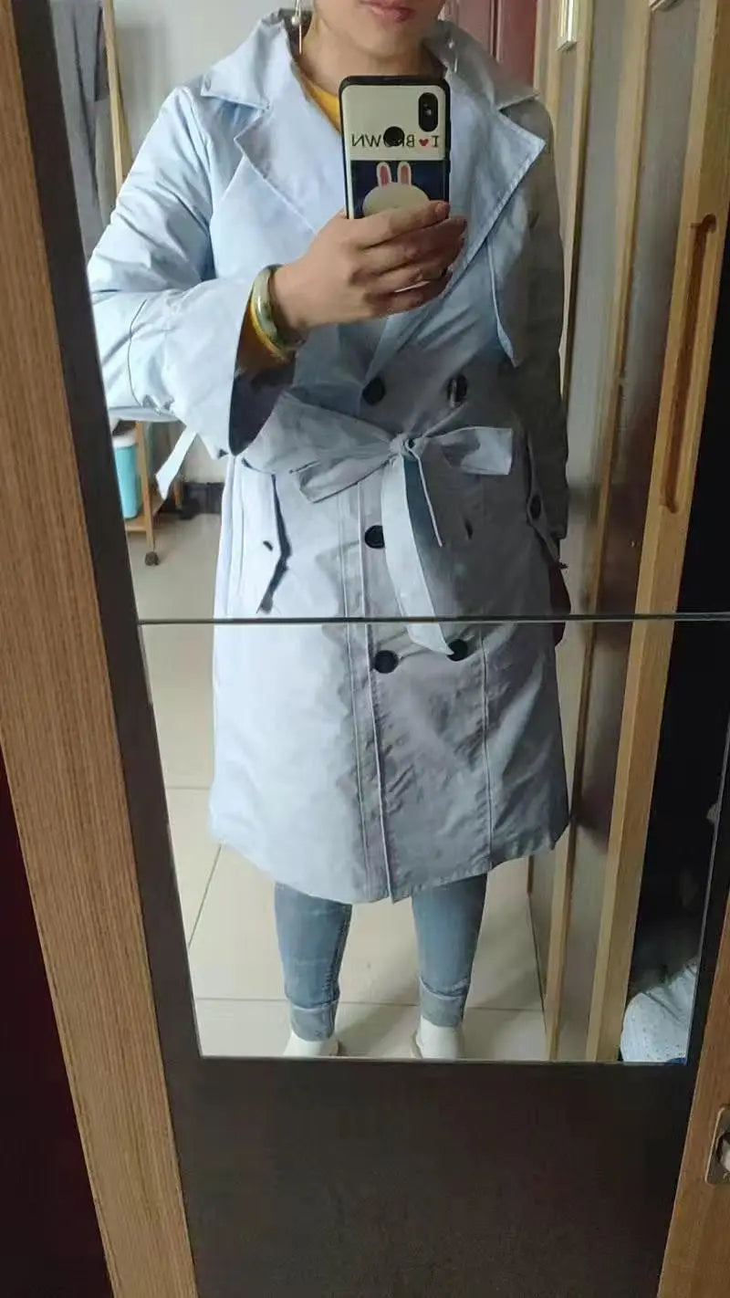 NoEnName_Null Women's Preppy Style Double-Breasted Trench Coat with Ruched and Spliced Details