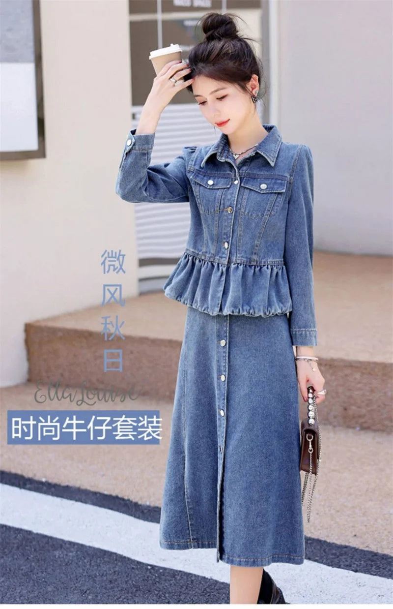 huapang-lsl Women's Office Lady A-Line Denim Dress – Knee-Length with Turn-Down Collar