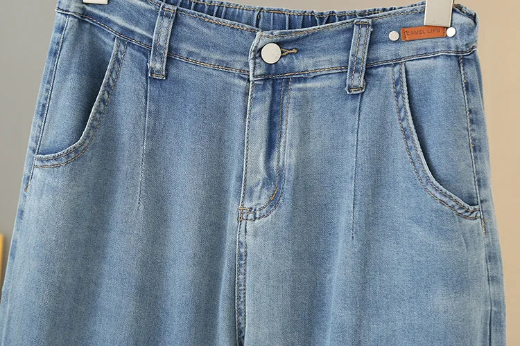 BISENMADE Women's High-Waist Slim Fit Stripe Harem Jeans with Pockets – Ankle-Length for Spring/Summer
