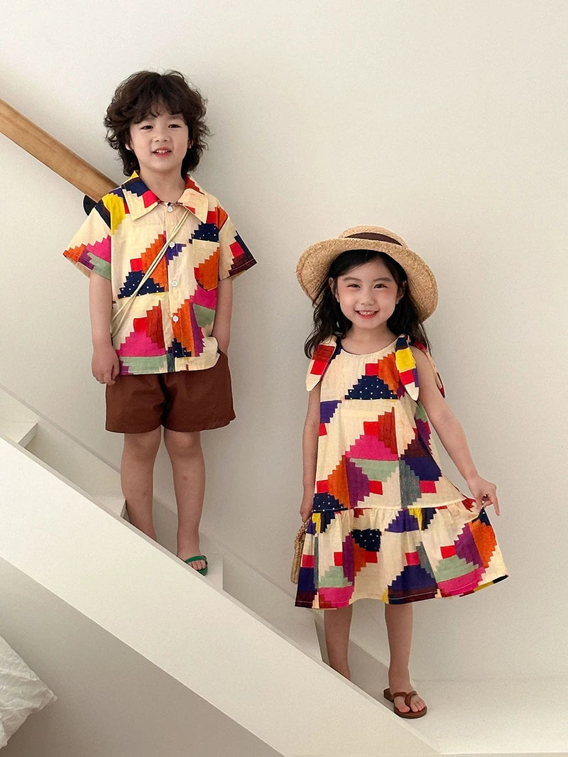 MILANCEL Summer Cotton Clothing Set for Kids (Ages 4-6Y) – Unisex Vacation Outfit with Printed Shirt and Shorts