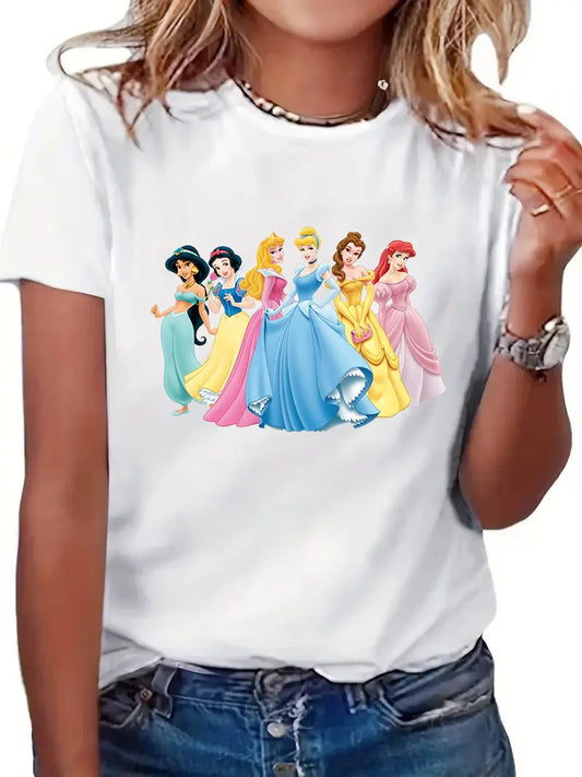 Casual Cartoon Appliqué O-Neck T-Shirt for Women – Spring/Summer Polyester Tee