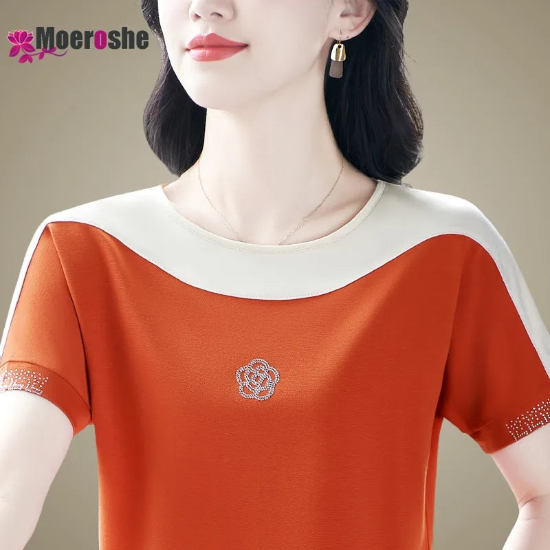 Moeroshe Women's Casual Patchwork O-Neck Tee - Cotton, Classic Style, Summer 2024 Release