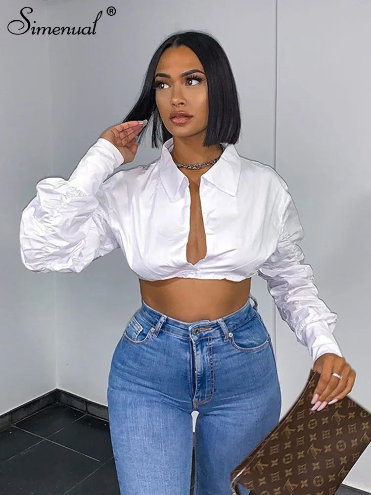 Simenual Women’s Streetwear Casual Shirt with Puff Sleeves – Slim Fit, Solid Pattern, Single Button Closure