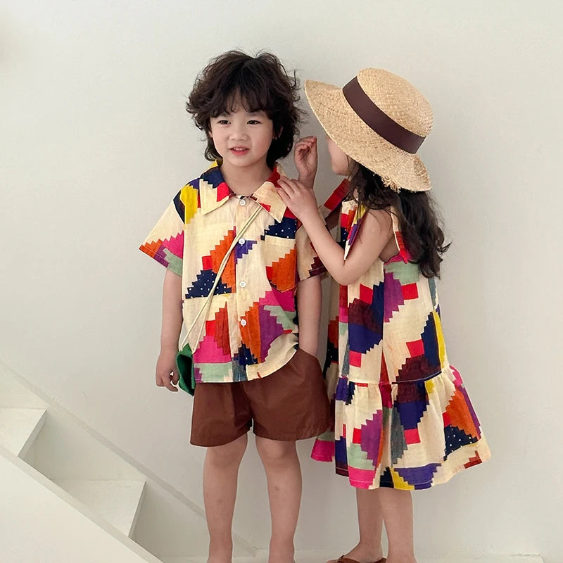 MILANCEL Summer Cotton Clothing Set for Kids (Ages 4-6Y) – Unisex Vacation Outfit with Printed Shirt and Shorts