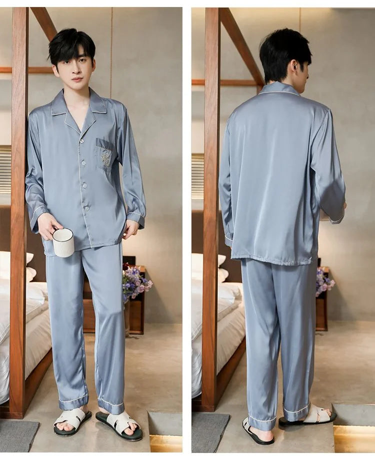 Men Women High Quality Satin Couple Pajamas Gown Set Sexy Hollowout Lace  Spaghetti Straps V-Neck Long Sleeves Pants Loungewear