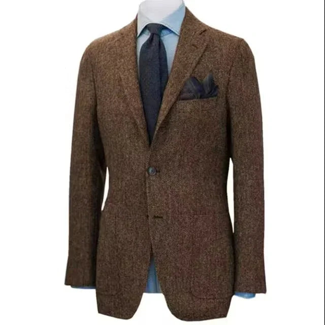 Men's Suit Brown Herringbone Blazer Prom Tuxedos Wool Tweed Single Breasted Formal Bussiness/Wedding Prom Jacket(Only Coat)