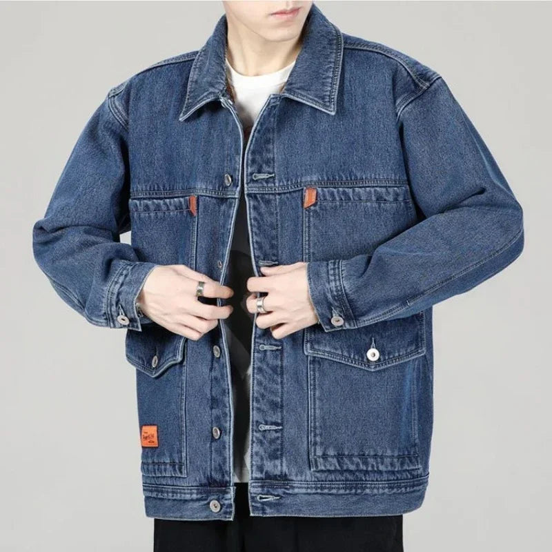 Shangkaka Men's Winter Denim Jacket – Japan Style with Patchwork Design and Detachable Lower Edge