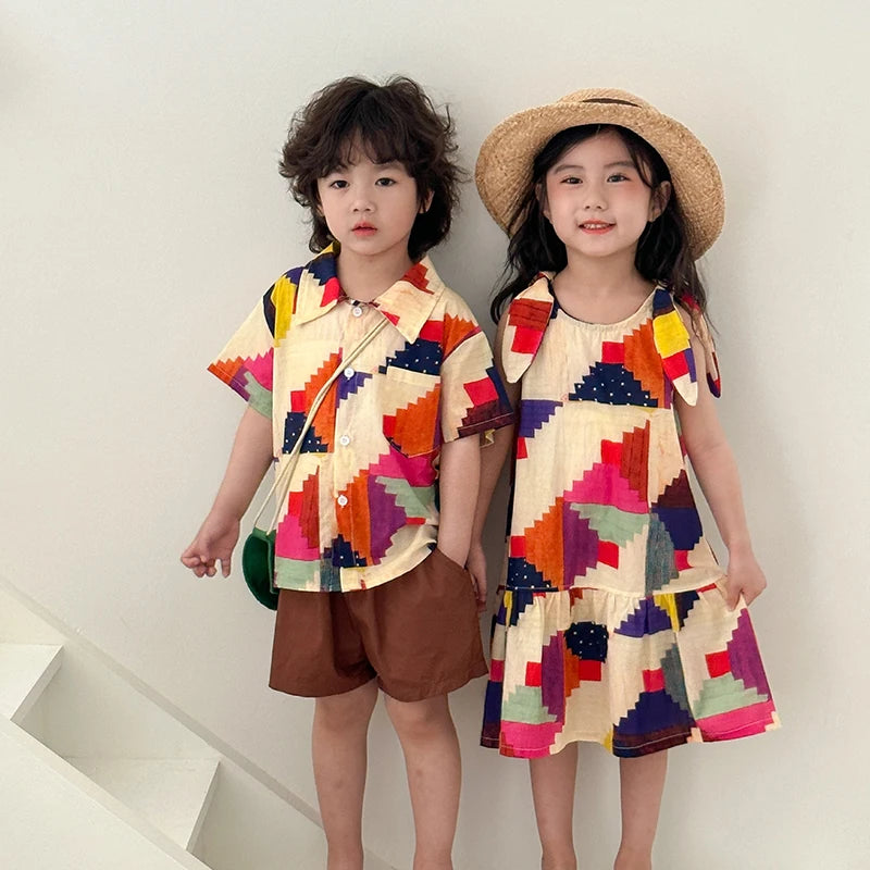 MILANCEL Summer Cotton Clothing Set for Kids (Ages 4-6Y) – Unisex Vacation Outfit with Printed Shirt and Shorts