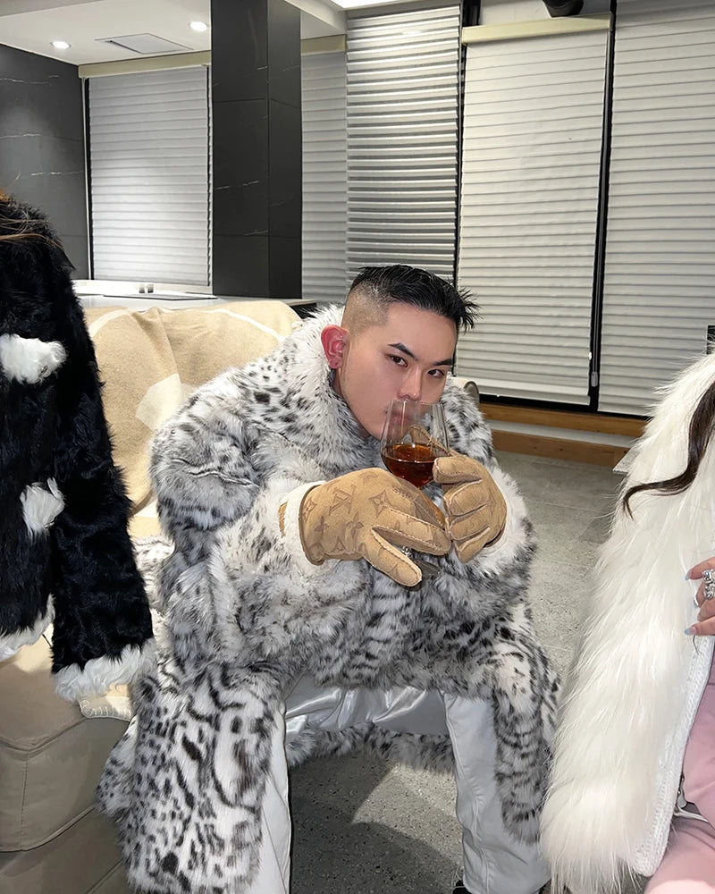 Mauroicardi Men’s Casual Leopard Faux Fur Winter Coat - Single-Breasted, Long-Length with Pockets