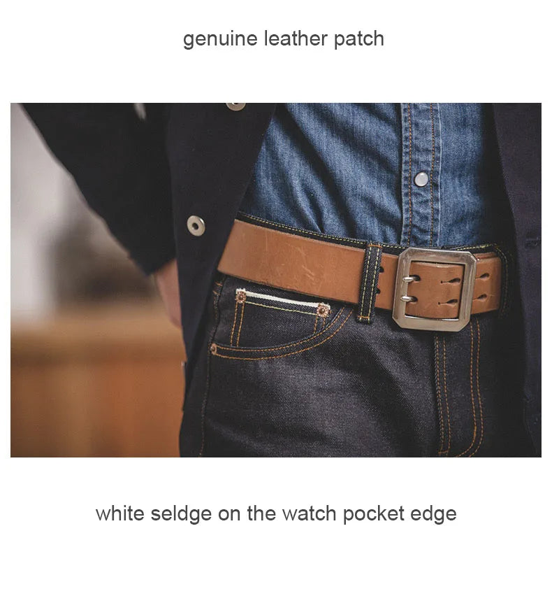 MADEN Men’s Safari Style Slim Fit Straight-Leg Denim Jeans - Embroidered, Vintage-Inspired with Raw Denim Finish