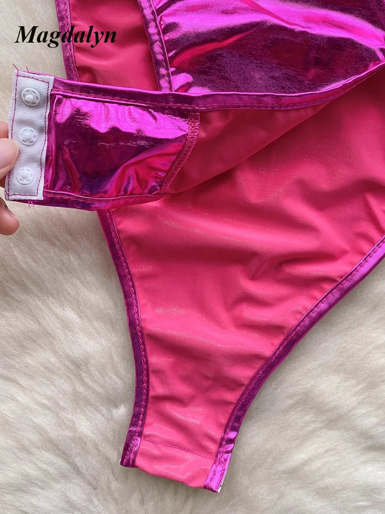 Magdalyn Women’s Sexy High-Waist Skinny Bodysuit a Solid Coated Cloth Romper for All Seasons