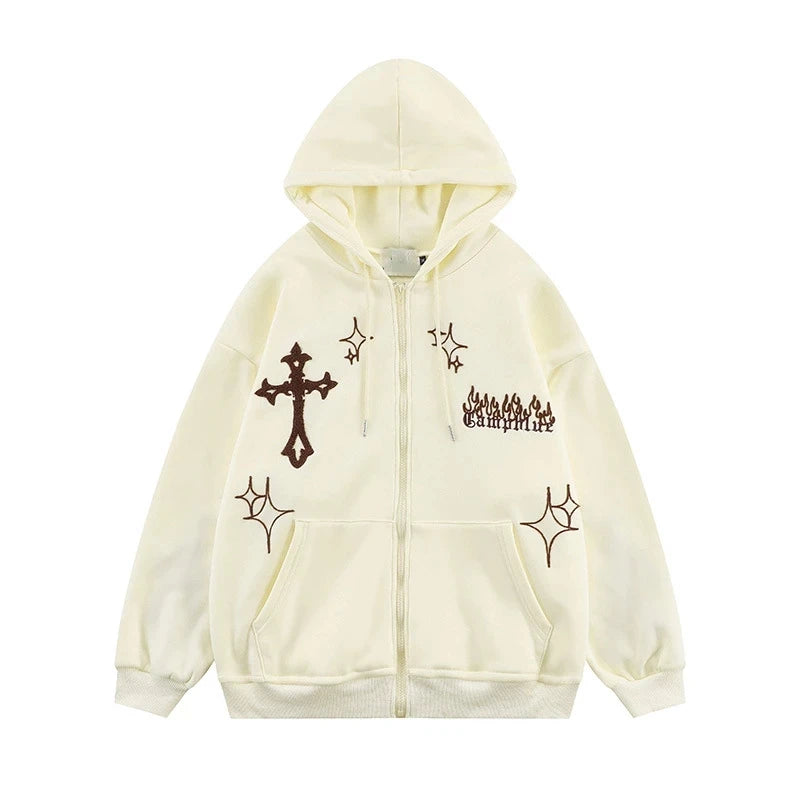 Streetwear Hooded Zip-Up Hoodie for Women – Printed Loose Fit Autumn/Winter Sweatshirt
