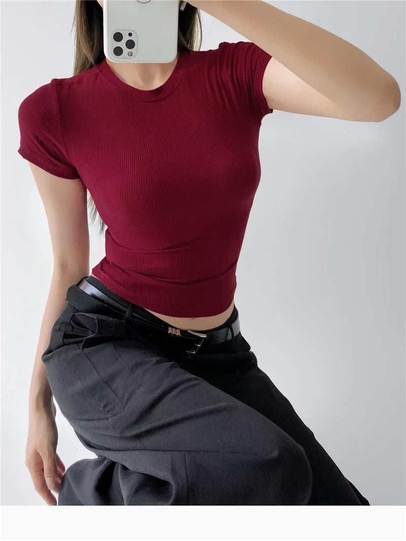 STVY Women's Slim Fit Solid Knit Tee with O-Neck - High Street Spring/Summer Top