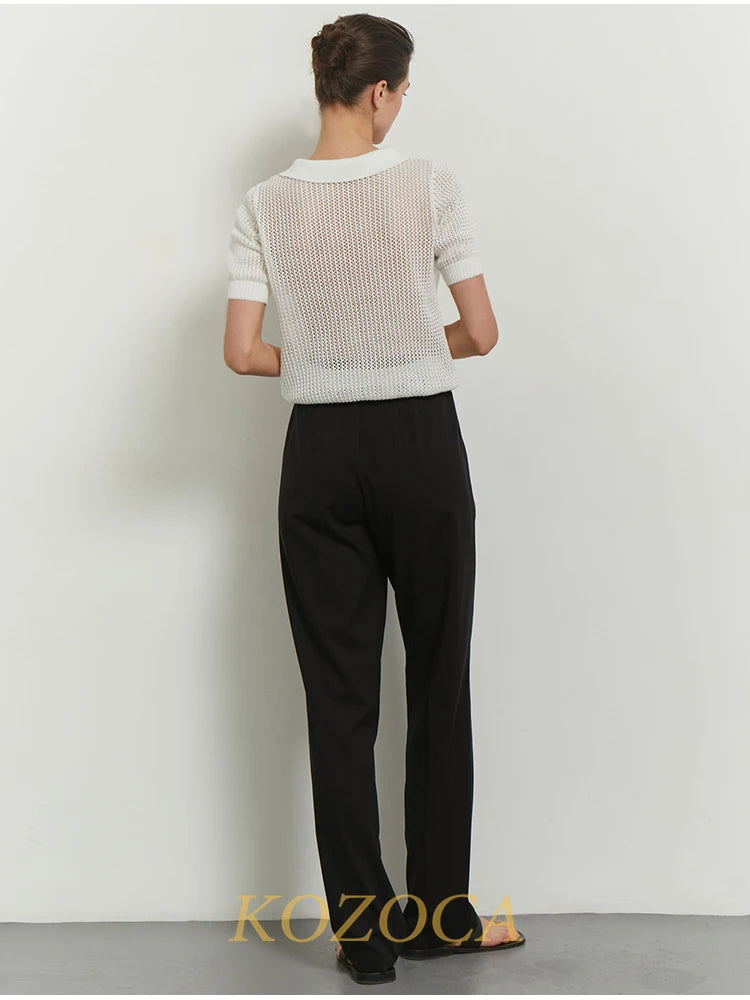 KOZOCA Women's Hollow-Out Knit T-shirt – Casual Solid Spring/Summer Top