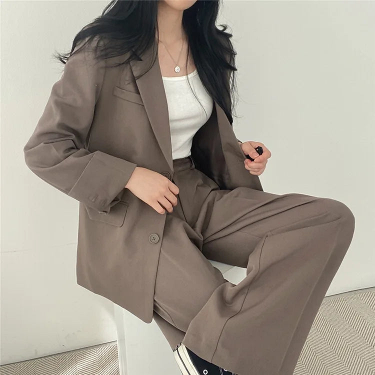 eDressU Women's Casual High-Waist Wide Leg Pant Suit - Full Length, Loose Fit, Shawl Collar, Pockets, All-Season Polyester