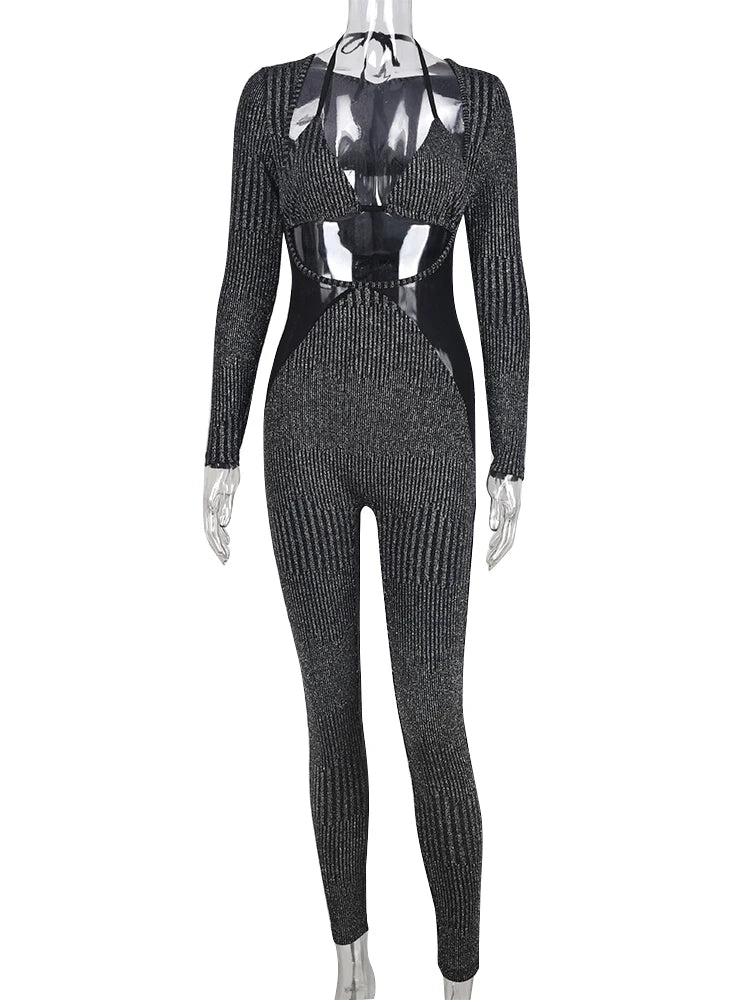 Simenual Women's Streetwear Hollow Out High-Waist Pencil Jumpsuit – Skinny Fit, Ankle-Length, All-Season