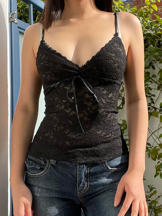 Vintage Lace Decoration Tank Top for Women – Summer Solid Color Polyester Spandex Top
