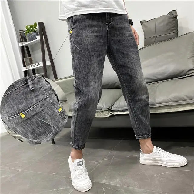 NoEnName Men’s Slim Fit Solid Denim Jeans-Mid-Waist, Pencil Pants for Spring & Autumn