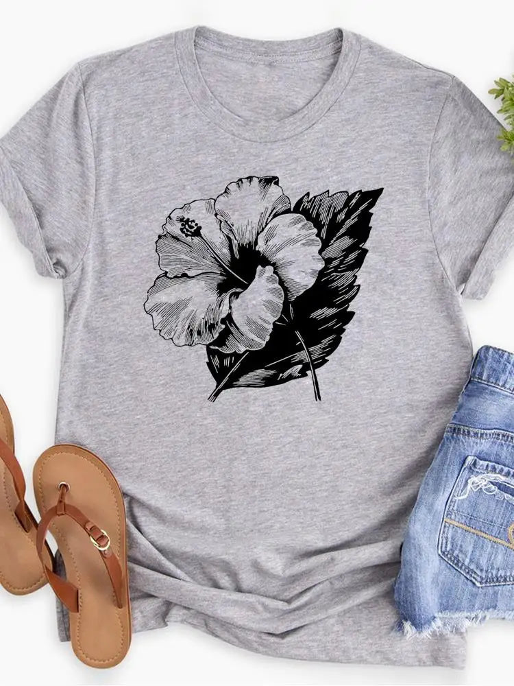 NoEnName_Null Casual Cartoon Print T-Shirt for Middle-Aged Women - Comfortable & Stylish for Summer