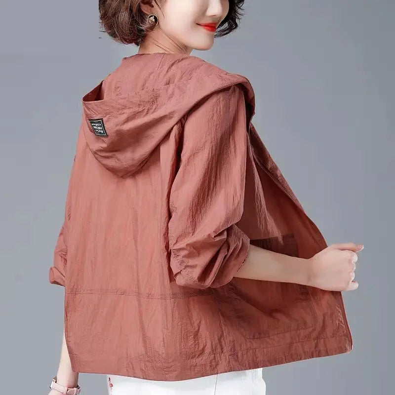 CHUJIE Women's Lightweight Hooded Summer Jacket – Office Lady Style, Zipper Closure