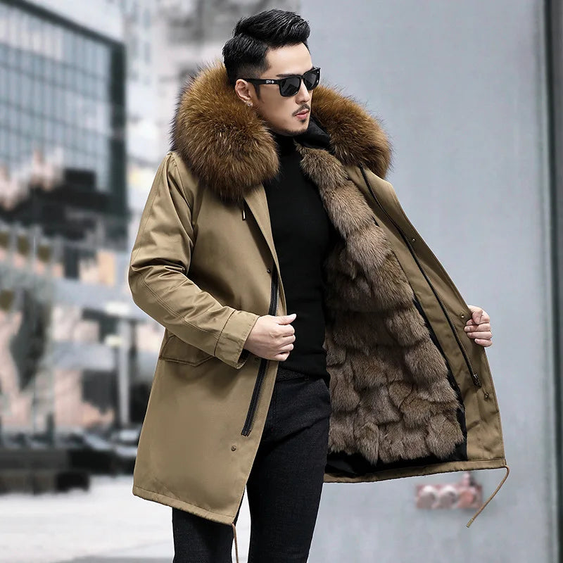 FURTJY Men's High Street Winter Coat – Real Fox Fur Lining, Raccoon Fur Collar, Zipper Closure, Casual Slim Fit