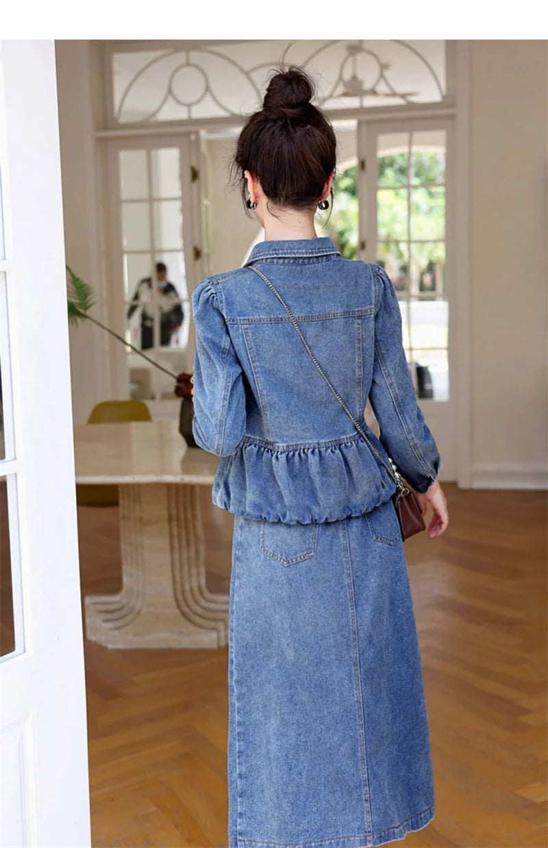 huapang-lsl Women's Office Lady A-Line Denim Dress – Knee-Length with Turn-Down Collar