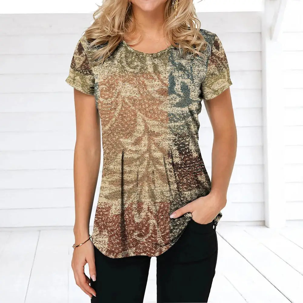 NoEnName_Null Women’s 3D Print Patchwork T-Shirt – Casual American Retro O-Neck Short Sleeve Top