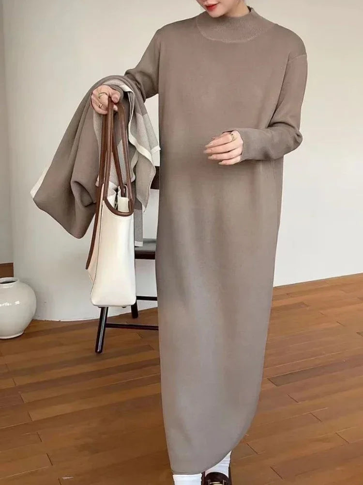 Tromlfz Women's Turtleneck Sweater Dress - Elegant Solid Color Ankle-Length for Office Wear