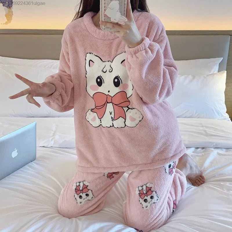 MINISO Korean Style Women's Autumn/Winter Hello Kitty Cartoon Fleece Pullover & Ankle-Length Sleepwear Set