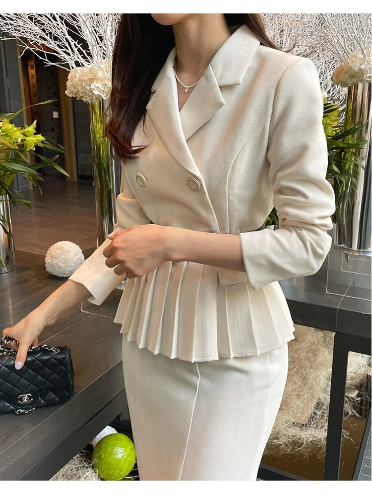 Autumn Spring Office Ladies Two Piece Set Double-Breasted White Ruffles Belt Blazer Tops + Split Pencil Skirt Suit