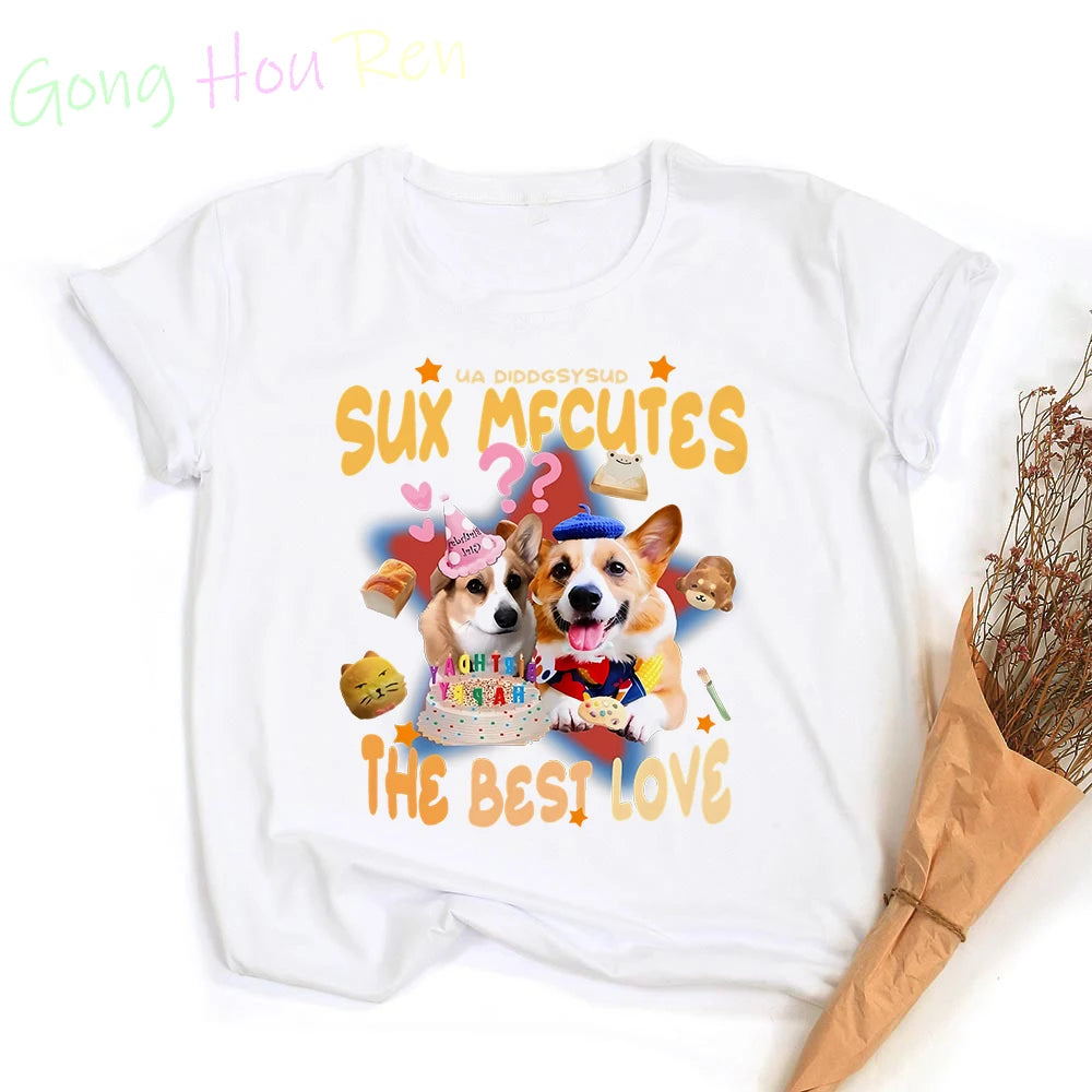 Gong Hou Ren Women’s Corgi Cartoon Graphic T-Shirt – Summer 2024 Collection