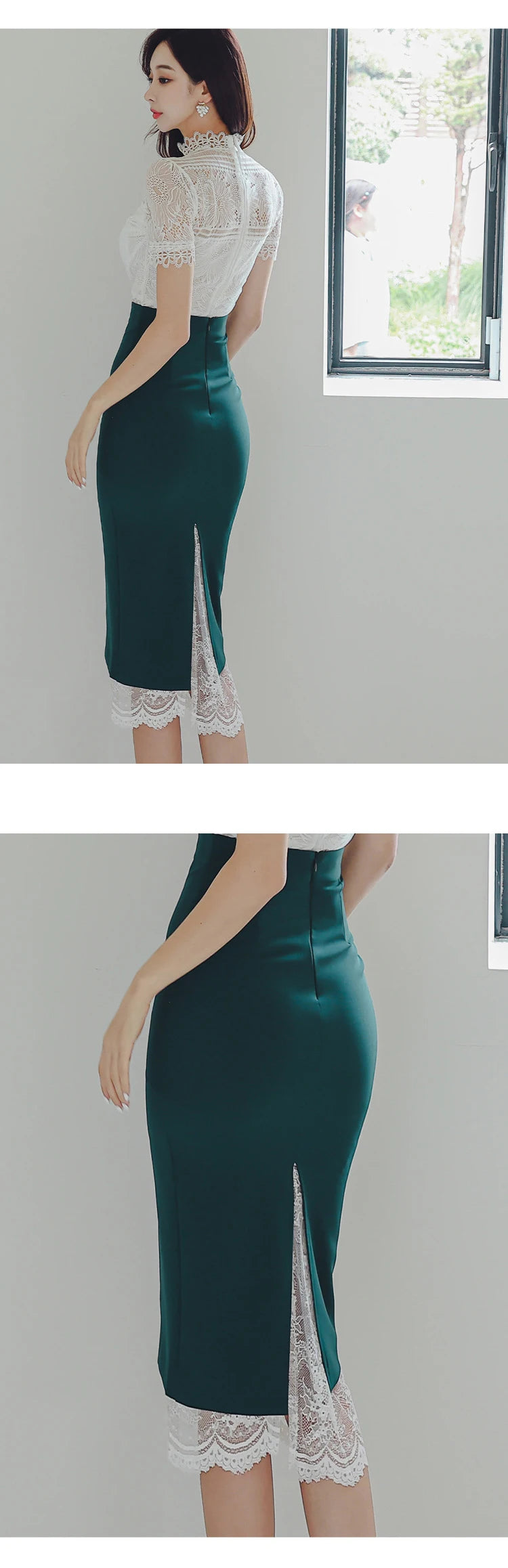 MingJieBiHuo Women's Vintage Slim Fit Lace Midi Dress – Stand Collar, Zipper Closure