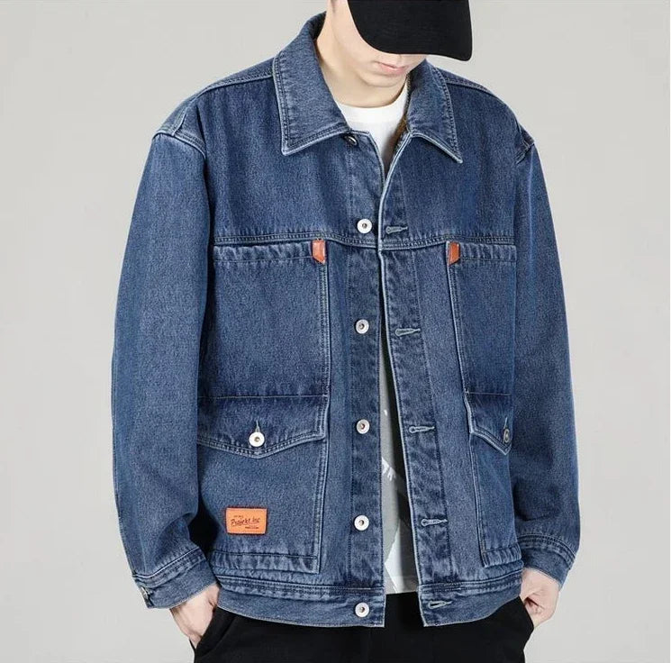 Shangkaka Men's Winter Denim Jacket – Japan Style with Patchwork Design and Detachable Lower Edge