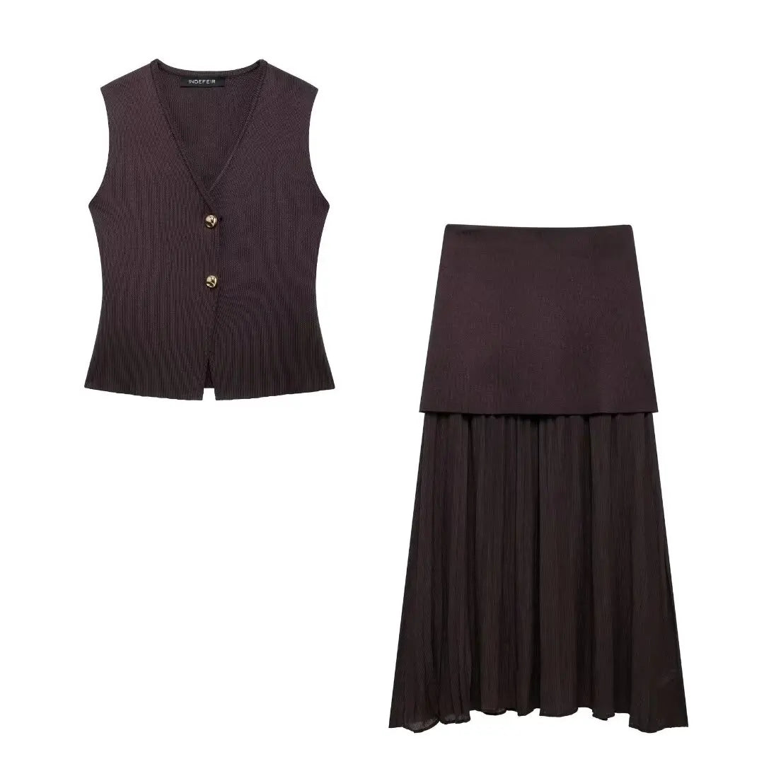 TRAFZA Women’s V-Neck Pleated Maxi Dress – Ankle-Length with Decorative Buttons for Autumn/Winter