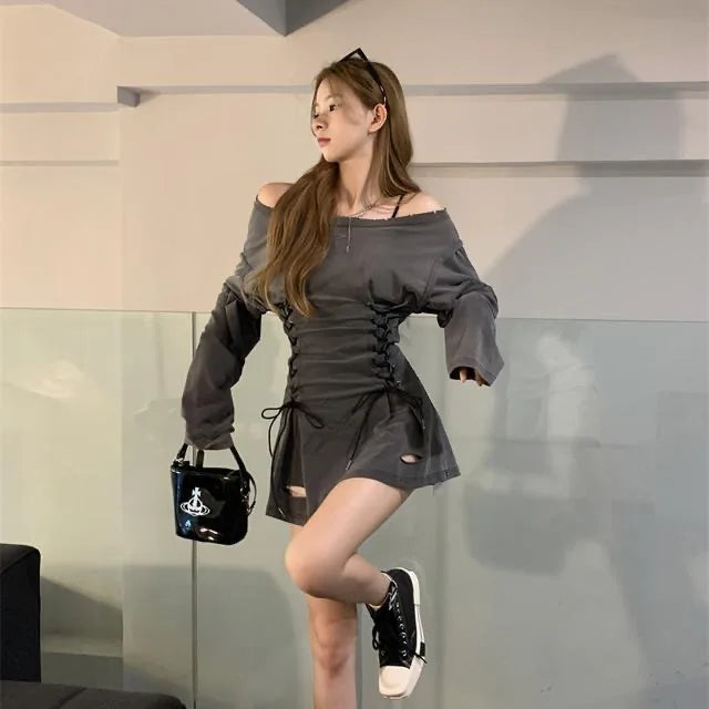 NoEnName_Null Y2K Style A-Line Mini Dress with Diagonal Collar and Bandage Detail - Autumn/Winter Fashion for Women