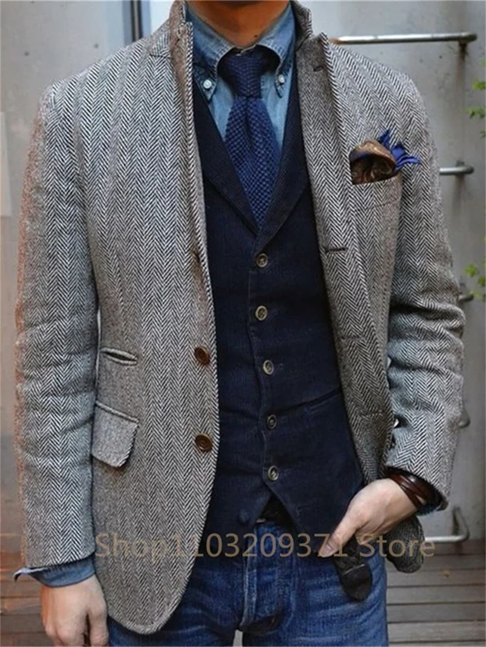 1 Pieces Men's Suit Jacket Herringbone Tweed Wool Jacket Winter Warm Short Jacket Retro Slim Fit Men Blazer Coat