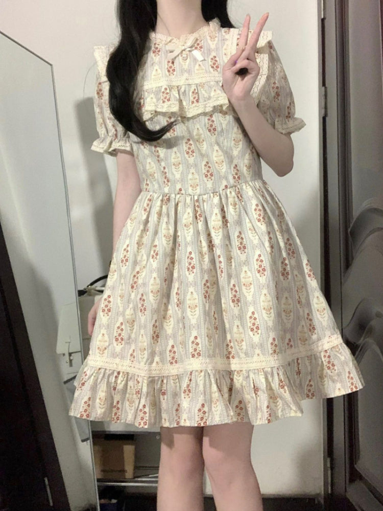 NQYW Women's Knee-Length Print Dress with Bow Neckline - Preppy Style Summer Gown