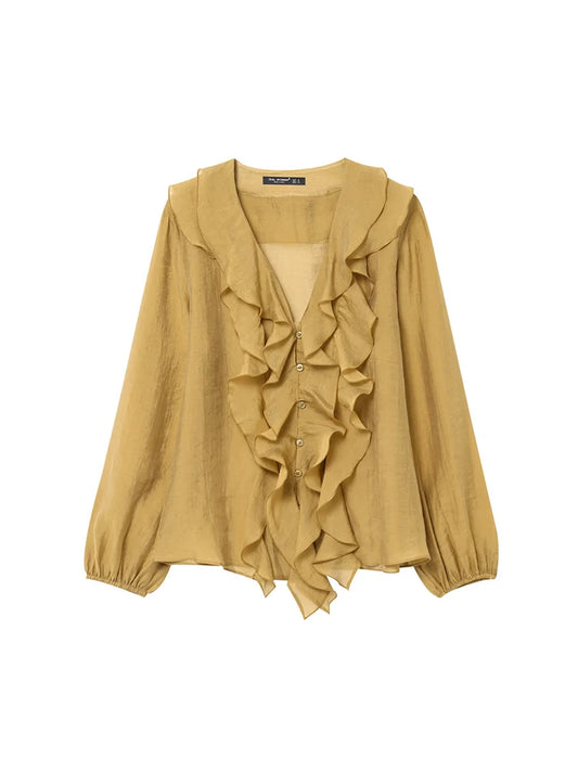 Women's Ruffle V-Neck Button-Down Vintage Shirt Spring Summer 2025 Kumsvag