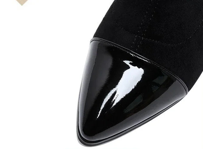 Shangkaka Women's Mid-Calf Sock Boots – Crystal Detailing, Pointed Toe, High Square Heel