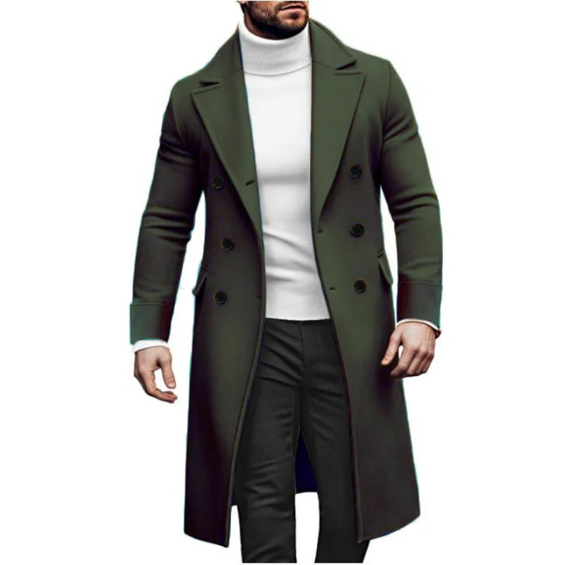 RVHSWDS Men’s Wool Blend Long Coat – Casual Double-Breasted Outerwear for Autumn and Winter