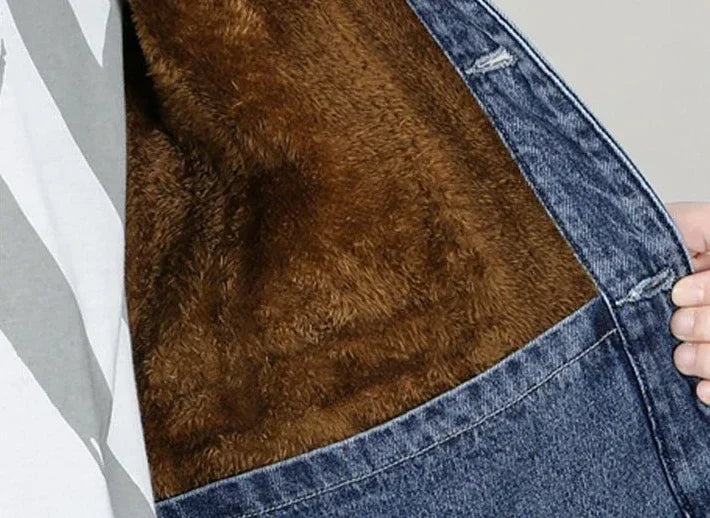 Shangkaka Men's Winter Denim Jacket – Japan Style with Patchwork Design and Detachable Lower Edge