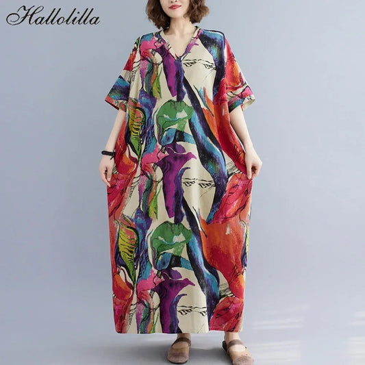 Boho Floral Cotton-Linen Summer Dress for Women – Ankle-Length, Loose Fit, O-Neck