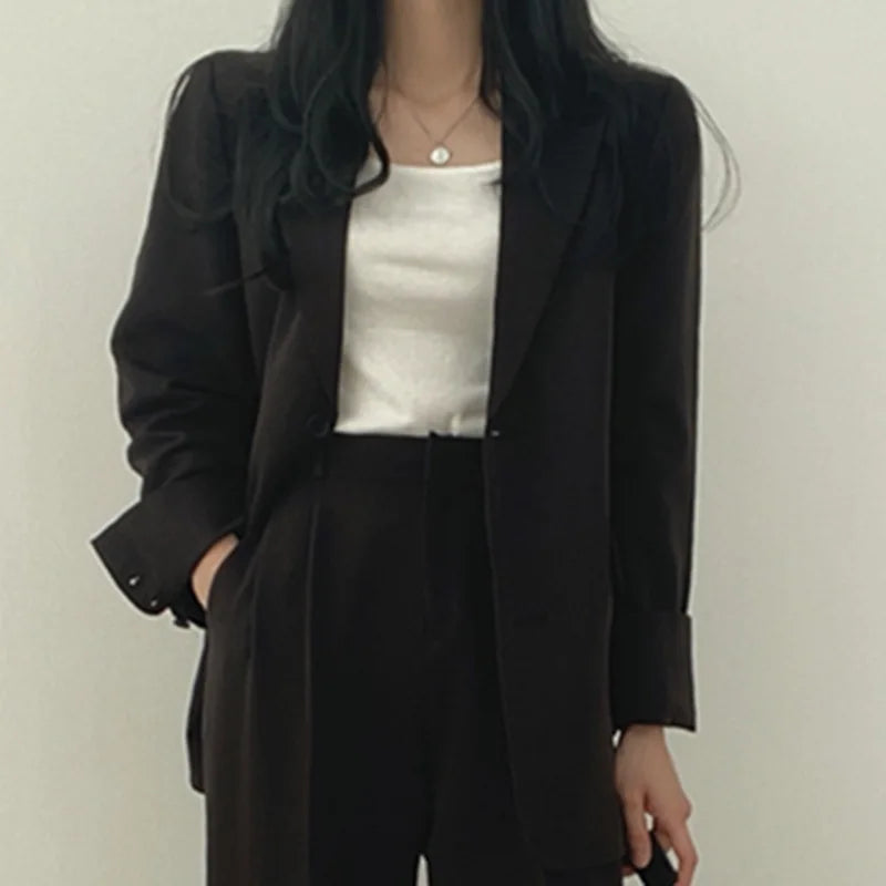 eDressU Women's Casual High-Waist Wide Leg Pant Suit - Full Length, Loose Fit, Shawl Collar, Pockets, All-Season Polyester