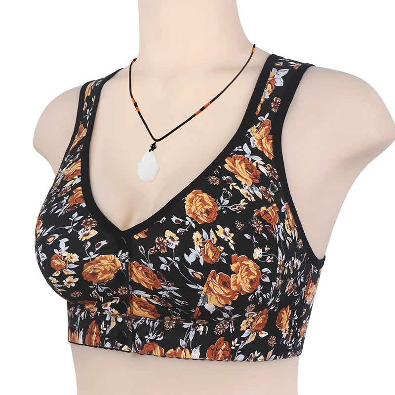 KING'S FAITH Women's Floral Push-Up Bra - Wire-Free, Front Closure, Everyday Comfort
