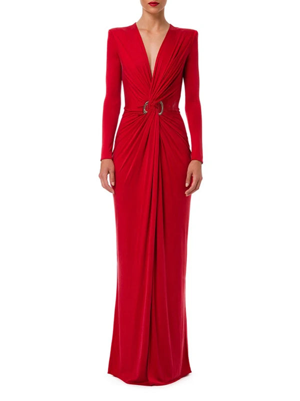 UOOZEE Women’s V-Neck Ankle-Length Sheath Dress with Folds – Slim Fit, X-Shape, Empire Waist, Zipper Closure
