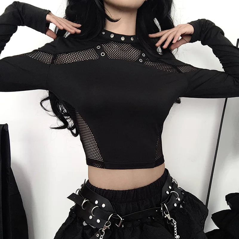 Goth Dark Gothic Punk Fishnet Patches Blouse for Women – Full Sleeve, Medium Stretch, Crew Neck, Autumn/Winter Fashion